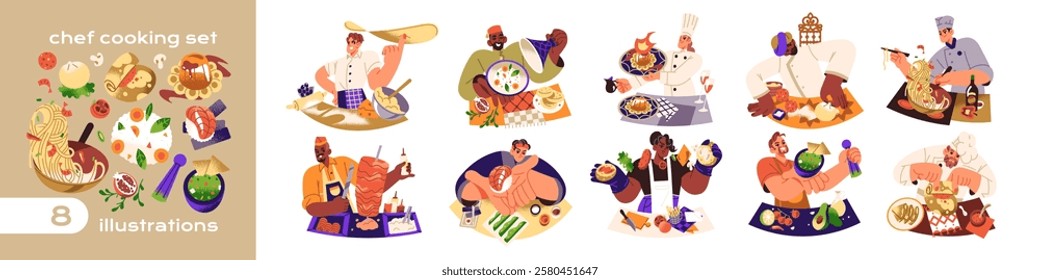 Chefs cooking set. Restaurants with cuisine of different countries. People in uniform cook food, meals at kitchen. Culinary, preparing of eating. Flat isolated vector illustrations on white background