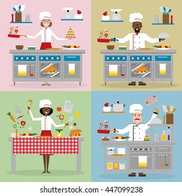 Chefs cooking set. Chefs with cooking table, restaurant and cafe equipment. Master class, workshop. Chefs holding pan, ladle, using oven, chopping vegetables, holding cake, frying, bbq and more.