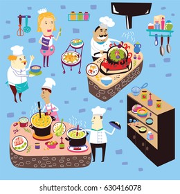Chefs cooking set. Chefs with cooking table, restaurant and cafe equipment.