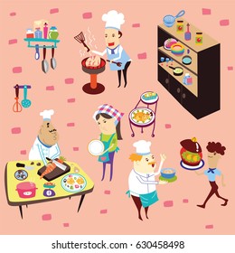 Chefs cooking set with cooking table, restaurant and cafe equipment.