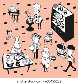 Chefs cooking set. Chefs with cooking table, restaurant and cafe equipment.