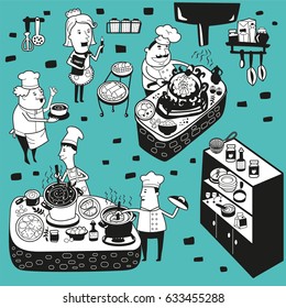 Chefs cooking set. Chefs with cooking table, restaurant and cafe equipment.