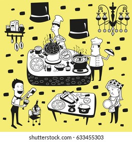 Chefs cooking set. Chefs with cooking table, restaurant and cafe equipment.