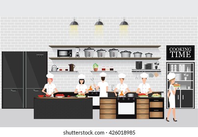 Chefs cooking at the table in restaurant kitchen interior with kitchen shelves and cooking utensils, equipment on counter with bricks patterned background, vector illustration.