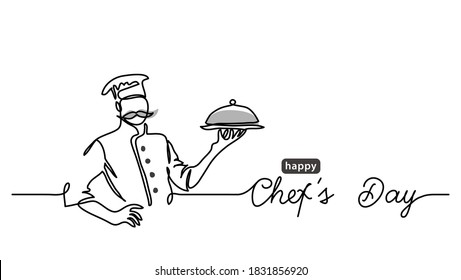 Chefs Day holiday minimalist vector web banner, border, background, poster. Border banner illustration with lettering Chefs Day. One continuous line drawing.