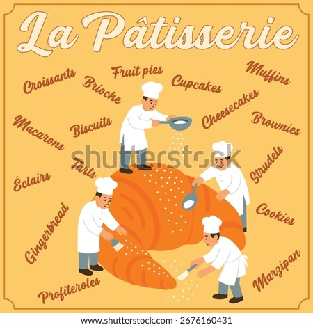 Chefs Decorating a Giant Croissant Flat Illustration. Playful concept artwork about teamwork, baking, and pastry making. Perfect for food posters, bakery branding, culinary blogs, decorations