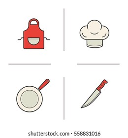 Chef's equipment color icons set. Cooking items. Toque, apron, frying pan, knife. Isolated vector illustrations