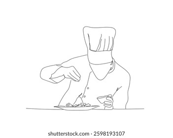 Chef's Essence One Line Art Depicting Culinary Excellence for Your Designs.  Delicious food taste trendy one line hand drawn vector illustration minimalism. Hand made vector not Al