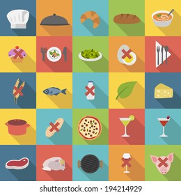 Chef's flat food icons for menus, restaurants and cooking