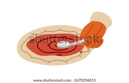 chef's hand spreads tomato paste on the dough with a spoon. The process of professional pizza preparation. Flat color isolated illustration. The stage of preparing the dough to smooth out the filling