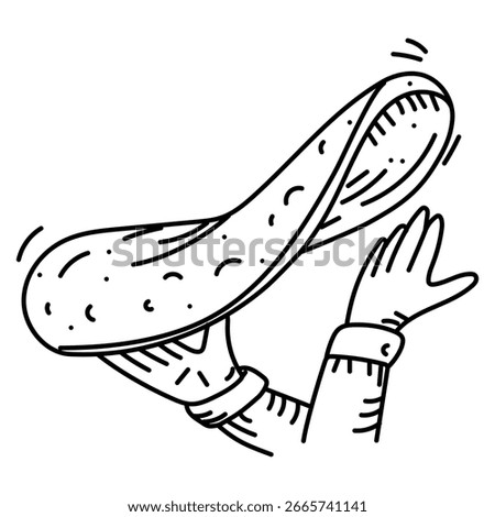 chef's hands are tossing the pizza dough. Grunge, shading, marker, ink. Professional stretching of the dough. Pizza, cooking in progress. Monochrome drawing with black lines on a white background.