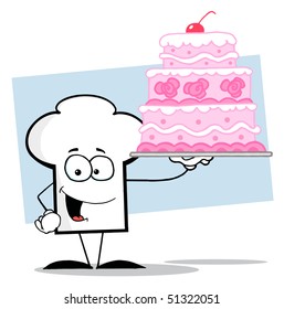 Chefs Hat Character Holding Up A Beautifully Decorated Cake