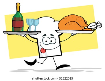Chefs Hat Character Running With Tray Of Wine And Plate With Chicken