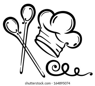 Chef's hat with cooking spoons, black illustration