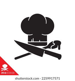 Chef's hat with crossed kitchen knife and cooking spoon vector glyph icon