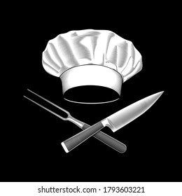El sombrero del chef con cuchillo cruzado y tenedor. Ilustración vectorial de material.
