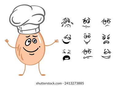 emoticono de sombrero de chef frente a la puesta de huevos. Diferentes emociones en los medios sociales Símbolo. Huevo de personaje divertido vector. decoración de vacaciones, afiche, tarjeta de saludo, pegatina, medios sociales, panadería.