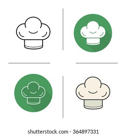 Chef's hat flat design, linear and color icons set. Restaurant chef uniform. Kitchen tools items. Cooking equipment. Contour and long shadow logo concepts. Isolated vector illustrations