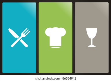 Chef's hat, fork, knife and glass