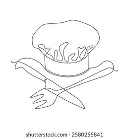 Chef's hat, knife and fork, drawn with continuous line in minimalism, abstraction, cap, symbol of cooking, restaurant, menu, haute cuisine, one line, editable vector contour