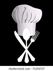 chef's hat with a knife, spoon and fork on a black background