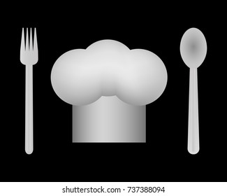 chef's hat with a knife and spoon on a black background