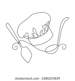 Chef's hat, ladle and cooking spatula, drawn with continuous line in minimalism, abstraction, cap, symbol of cooking, restaurant, menu, haute cuisine, one line, editable vector contour