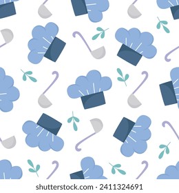 Chefs hat and ladle seamless pattern. Culinary background. Print with kitchen elements for textile, packaging, design, vector illustration