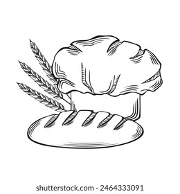 Chefs hat and loaf bread Wheat ears. Bakery goods. Professional uniform headdress. Vector illustration linear, isolated. Food products sketch. Template for wrapping, cookbook, menu, showcase, website