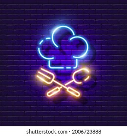 Chef's hat neon sign and cutlery. Toque glowing icon. Vector illustration for design. Cooking lesson concept.