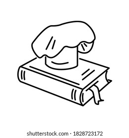A chef's hat on a cookbook. Vector outline icon. Isolated on white.