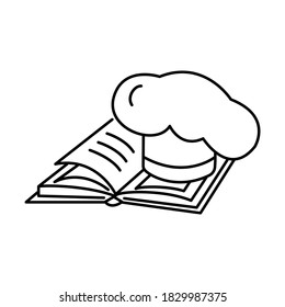 Chef's hat on an open book. Recipe book, education. Vector outline icon. Isolated on white.