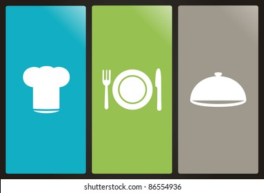 Chef's hat, plate, fork, knife and casserole