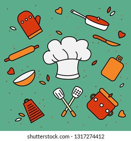 Chef's hat surrounded by kitchen utensils.