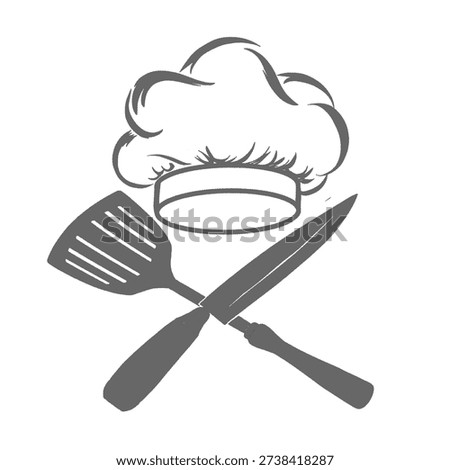 chef's hat or toque blanche icon with frying spoon and kitchen knife