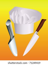 chef's hat with two knives on an orange background