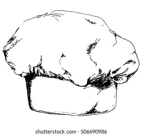 Chef's Hat. Vector hand drawn illustration of Chef hat, isolated sketch. Black and white background. White baker toque or cook cap. Bakery shop symbol, restaurant menu design.
