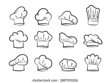 Chefs hats set. Contours of professional headgear for pastry chefs and bakers fashionable uniform design with curls and folds.