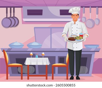 Chefs holding plate, Smiling male chef wearing chef uniform, food and restaurant concept, vector illustration 