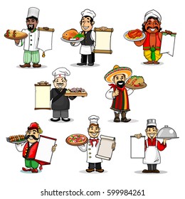 Chefs holding restaurant menu of european and japanese, mexican and turkish, chinese and indian, arabian and italian cuisine. Traditional chicken and fish, sushi, doner, kebab, tacos and pizza dishes