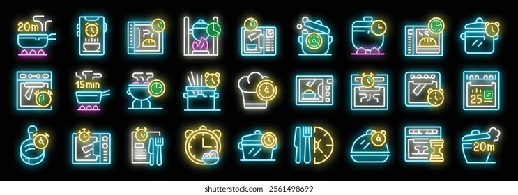 Chefs and home cooks managing cooking schedules with neon icons representing ovens, microwaves, stovetops, pots, pans, and timers