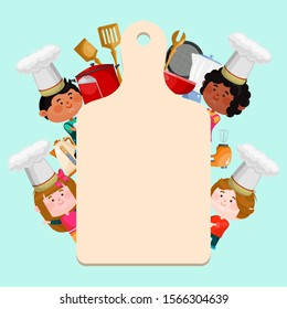 Chefs kids cooking classes template vector illustration. Cartoon characters kids in hats with empty board for text. Little chefs background templates for menu or banner