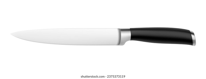 Cuchillo de cocina del chef con mango negro aislado en un fondo blanco. 3d representación de cuchillos de pan o utensilios de cocina profesional. Ilustración vectorial realista. Burlarse.