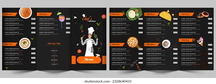 Chef's Kitchen Menu Card or Tri-Fold Brochure Layout with Double-Side for Restaurant or Hotel.