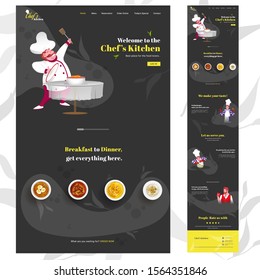 Chef's Kitchen web vertical banner design with cartoon chef character presenting dishes on black background and given services.
