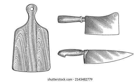 Chef's knife, butcher's knife and wooden cutting board. Baking equipment. Сookbook etching. Hand drawn engraving style vector illustration.