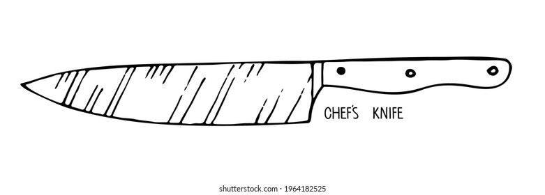 Chefs knife isolated on white background. Stainless steel kitchen knife sketch. Food preparation. Household utensils and cutlery. One of knives collection. Vector illustration