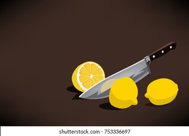 Chefs Knife Slice A Lemon For Making A Lemonade Conceptual Illustration. Vector Graphic.