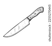 Chef's knife with wooden handle. Butcher and kitchen utensil. Chef's tool. Hand drawn sketch style drawing. Vector illustration.