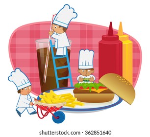 Chefs Making Burger - Cute cartoon chefs are making a fast food meal. Eps10